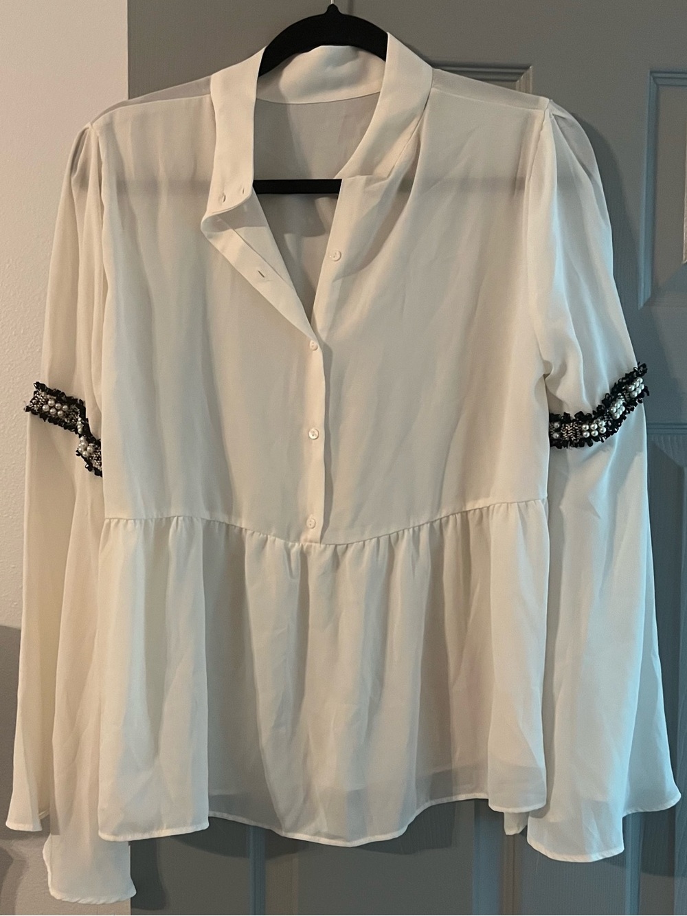 Zara Women’s Cream Peplum Button-Front Blouse with Embellished Sleeves